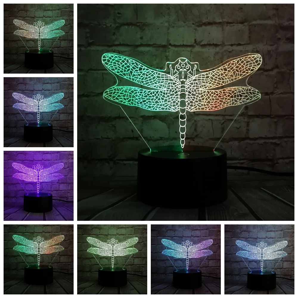 Новая 3D лампа с насекомыми Стрекоза USB Ночник светильник Mixcolor Illusion Fade RGB