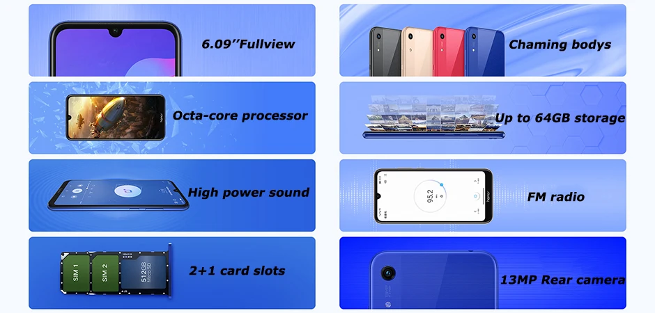 Глобальная прошивка Honor 8A 6 09 дюймов 3020 мАч 3 ГБ ОЗУ 64 Гб ПЗУ MT6765 Восьмиядерный две