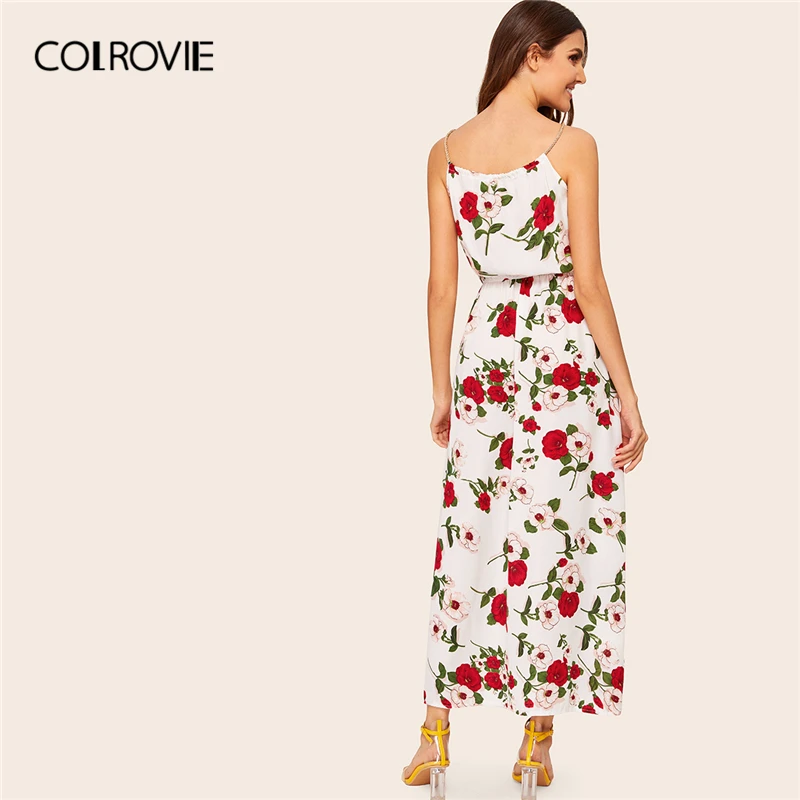 COLROVIE оплетенный ремешок из искусственного жемчуга с цветочным принтом Boho Cami длинное платье женское летнее Плиссированное пляжное платье без рукавов
