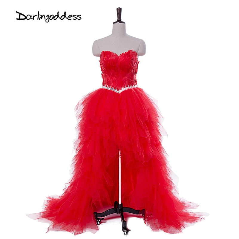 Darlingoddess халат De Soiree Longue пикантные короткое спереди и длинное сзади Вечерние платья без бретелек Перо Красные, Черные Серые белый платье для выпускного вечера