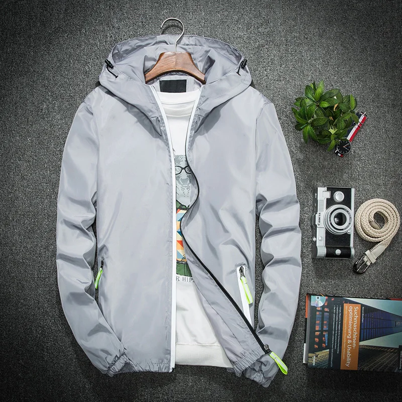 

b 2019 Spring Autumn Bomber Windbreaker Jacket Men Casual Slim Hooded Coat Thin Zipper Raincoat Outwear Jacket Plus Size 6XL 7XL