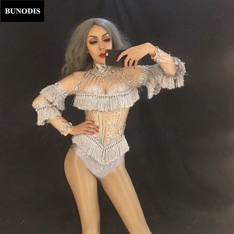 BU121 Серебряная кисточка сверкающие кристаллы женский сексуальный Bosysuit певец