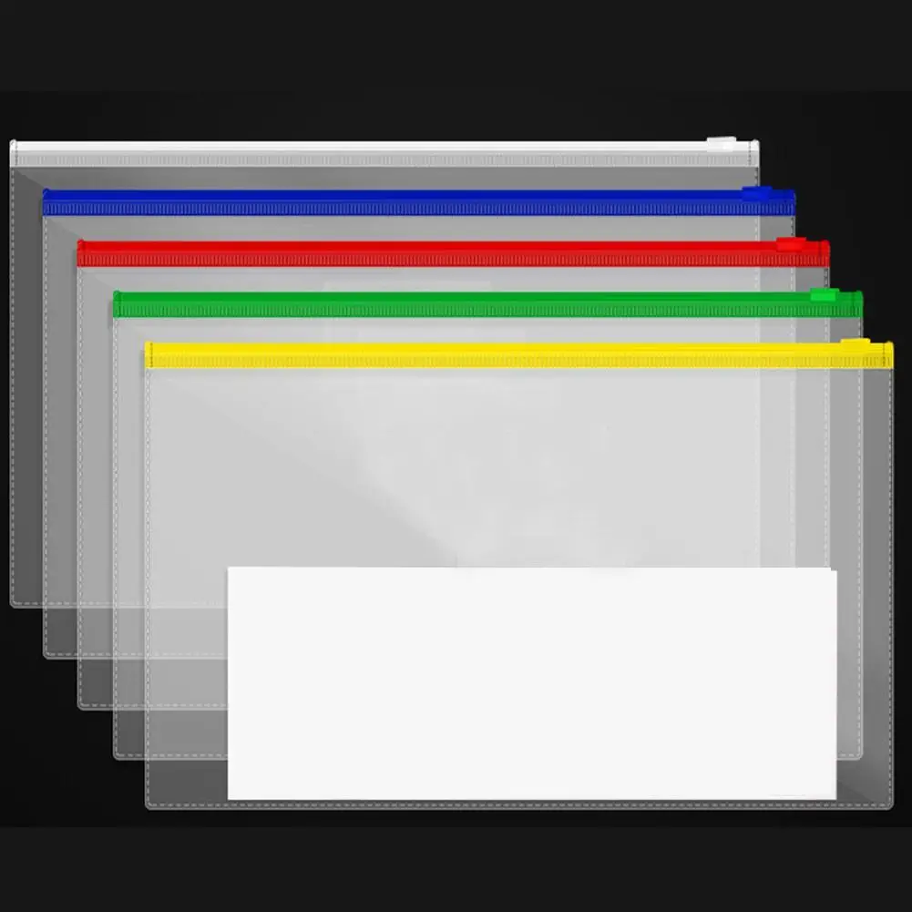 5Pcs Waterproof Transparent PVC Zipper Bag File Folder Document Filing Bag Stationery Bag School Office Supplies random color
