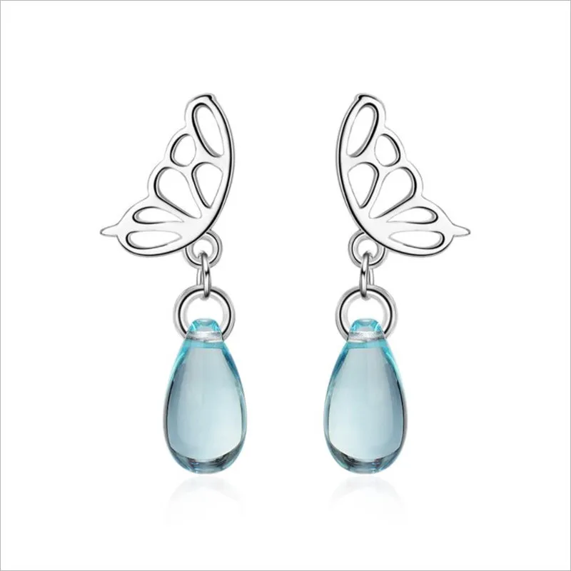 Романтические Кристальные синие серьги-гвоздики с бабочкой для девочек, ювелирные изделия, высокое качество, посеребренные серьги для женщ...