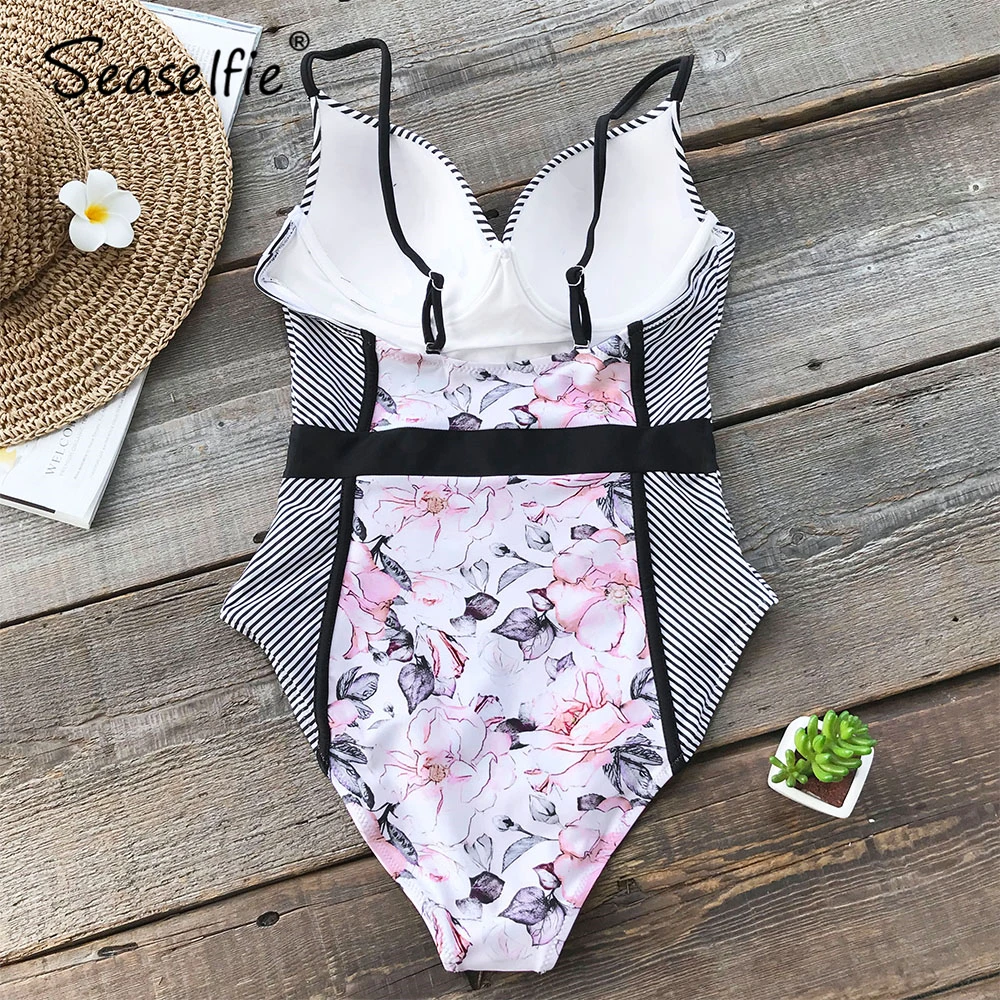 Seasuelfie, Цветочный, в полоску, с принтом, цветной блок, Цельный купальник для женщин, сексуальный, пуш-ап, монокини, купальник,, для девушек, пляжные купальники