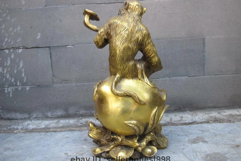 China Folk Feng Shui Brass RuYi YuanBao monkey Ride peach Auspicious Statue | Дом и сад