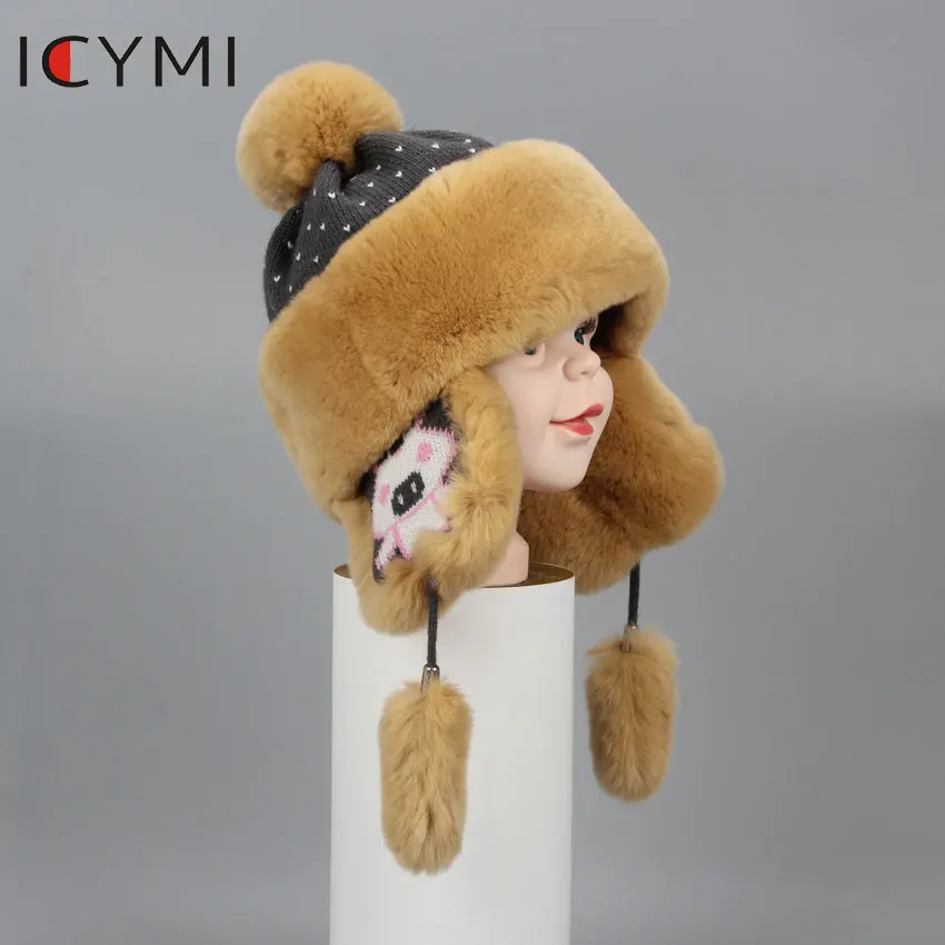 ICYMI Winter Real Full Pelt Rex Rabbit Fur Bomber Hats Children Kids boys girls warm fur Bomber Cap Cute Earmuff Hats Caps