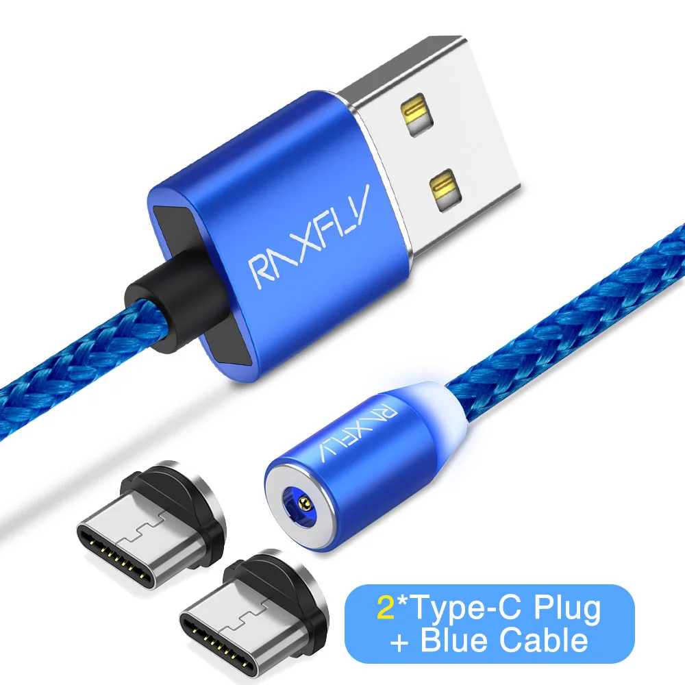 Blue TypeC 2Plugs Магнитный кабель RAXFLY Micro usb type C кабель для iPhone 11 Pro Max Xiaomi Redmi провод для быстрого заряда 1 м светодиодный магнитный кабель для зарядки - Цвет: Blue TypeC 2Plugs