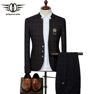 Plyesxale клетчатый мужской костюм новейший дизайн пальто и брюк в китайском стиле с воротником-стойкой, приталенный свадебный костюм для жениха, официальная одежда Q341