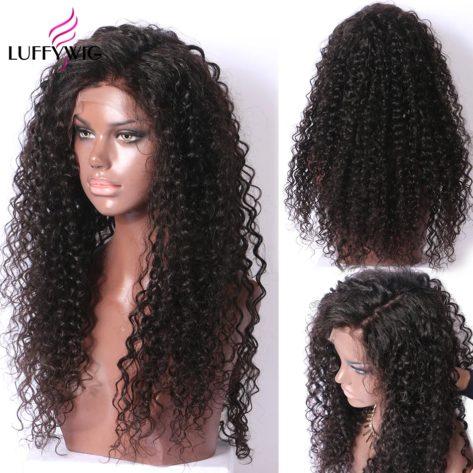 LUFFYHAIR кудрявые индийские Remy человеческие волосы полный парик шнурка натуральный черный 130% Плотность парик для черных женщин отбеленные узлы линия волос