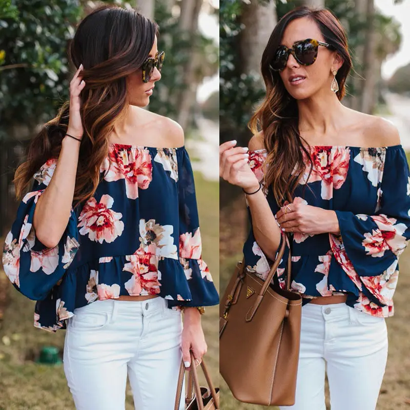 Женская шифоновая блузка с цветочным принтом длинным рукавом и открытыми