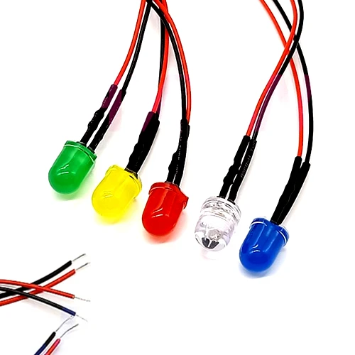 

25Pcs 3V 5V 6V 9V 12V 24V 36V 48V 110V 220V Diffused 10mm LED With 20cm Red&Black Wire, Light=White Red Blue Green Yellow