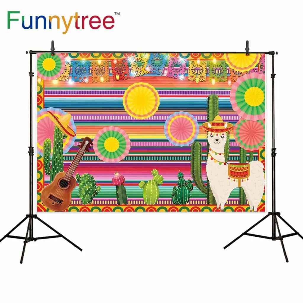 Фон Funnytree для фотосъемки в полоску Мексиканский фестиваль альпака гитара кактус