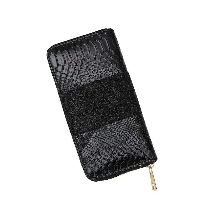 Black KANDRA, из искусственной кожи, тисненый КРОК, лоскутные блестки в виде пайеток, кошелек, золото, серебро, женские длинные кошельки, держатель для карт - Цвет: Black