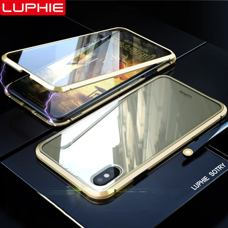 LUPHIE 360 градусов Полный Магнитный чехол для iPhone X XS Max XR 8 7 Plus, передний задний стеклянный чехол для iPhone 7 8 X XS, Магнитный чехол