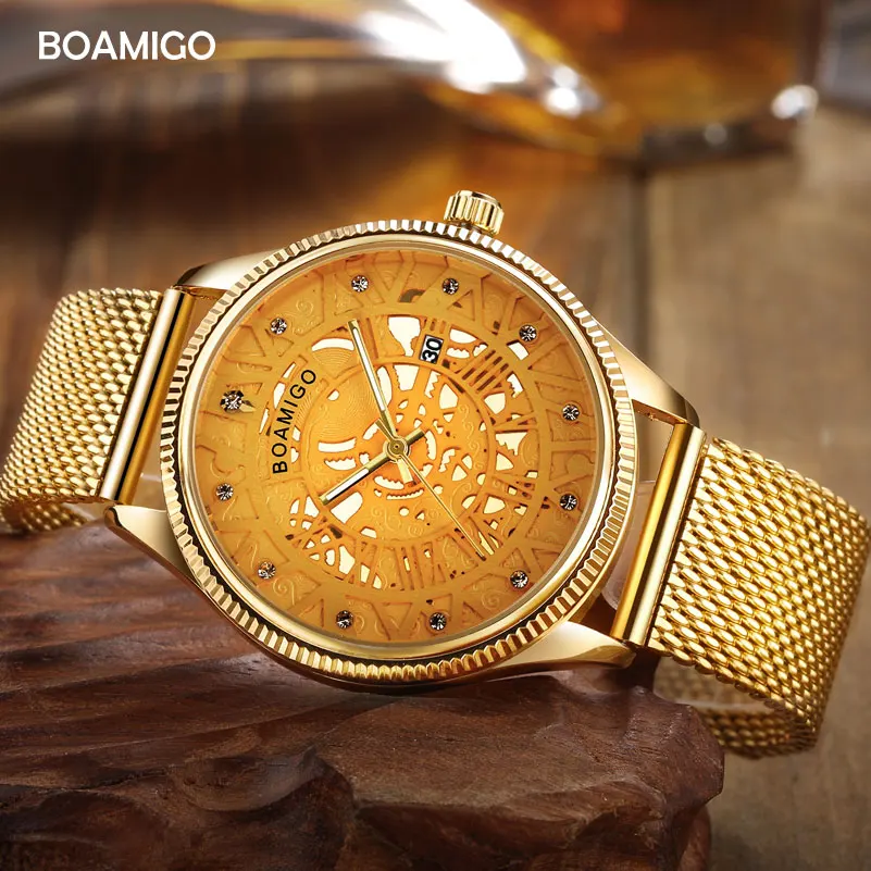 Мужские кварцевые часы BOAMIGO брендовые роскошные золотые мужские нарядные со