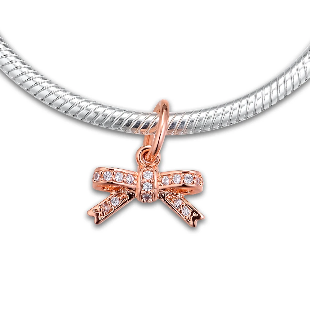 Real 925 Sterling Silver Jewelry Rose Gold Sparkling Bow Charm Fits Pandora Bracelets Women Beads for Making Wholesale | Украшения и
