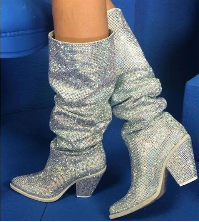 

Sestito Ladies Shinning Crystal Pointed Toe Knee High Boots Chunky Heels Dress Party Shoes Woman Slip-on Pleated Long Boots