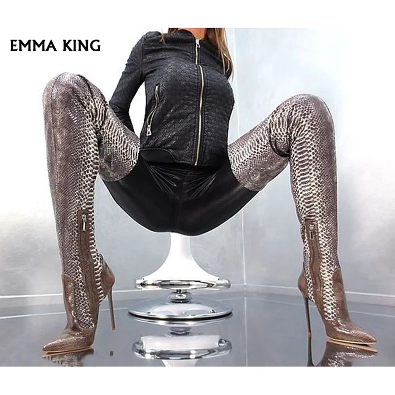Emma king/соблазнительные сапоги ботфорты из змеиной кожи высокие до колена с острым