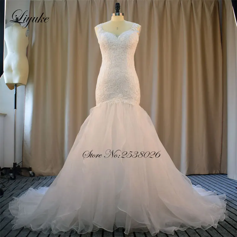 

Liyuke Elegant Sweetheart Neckline 100% Real Photo Mermaid Wedding Dress Count Train Beading Trumpet Empire Bride Dress