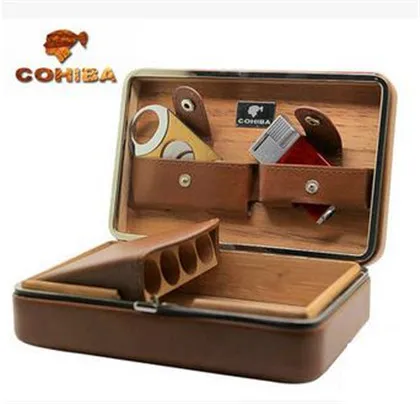 COHIBA натуральная кожа и кедровое дерево сигары набор в подарочной коробке(держать 4 шт. с зажигалкой и ножницами) сигары резак Humidors порт Куба Испания