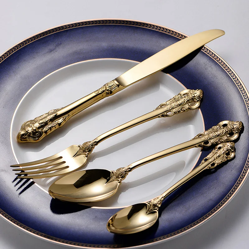 

4-24pcs Gold Dinnerware Set Western Tableware Stainless Steel Cutlery Golden Dinner Knives Fork Spoon Teaspoon Royal Flatware