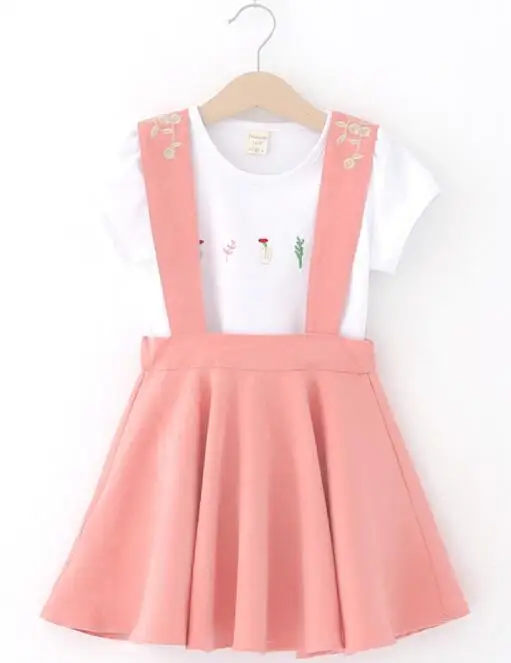 pink Детская летняя одежда хлопковые футболки Топы+ юбка на подтяжках комбинезоны одежда с цветочным рисунком комплект одежды из 2 предметов для девочек, костюм для детей - Цвет: pink