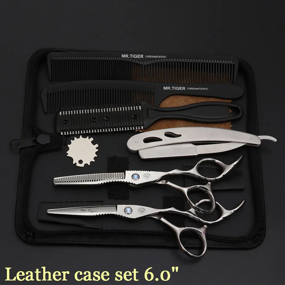 leather case set Хорошо заточенные японские 6 дюймов Парикмахерские ножницы для стрижки волос Профессиональные Парикмахерские ножницы набор 5,5 Makas бритва - Цвет: leather case set