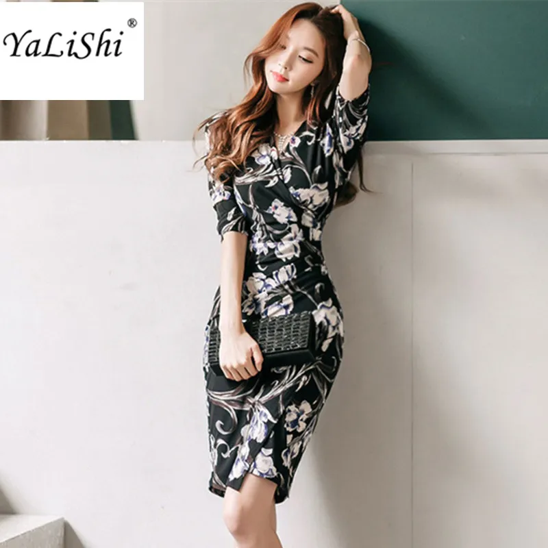 Женское платье карандаш с V образным вырезом рукавом 2020 и принтом|dress vestidos|sexy