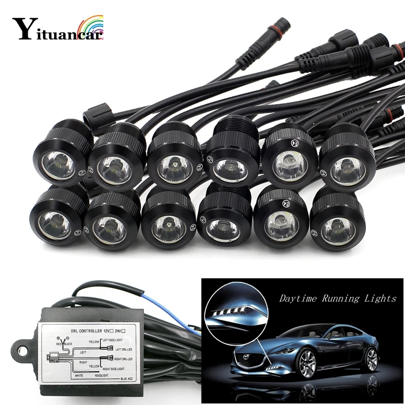 Yituancar 12Pcs/Set LED Car Styling Eagle Eye Daytime Running External Fog Lights DC12V White/Yellow Turn Signal Steering Lamps