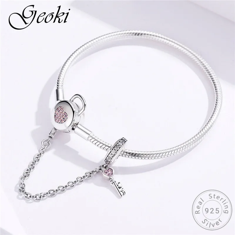 Geoki 925 стерлингового серебра микро Розовый CZ ключ и замок браслет fit Pandora Подвески оригинальные шарики на страховочной цепочке браслет, женская бижутерия