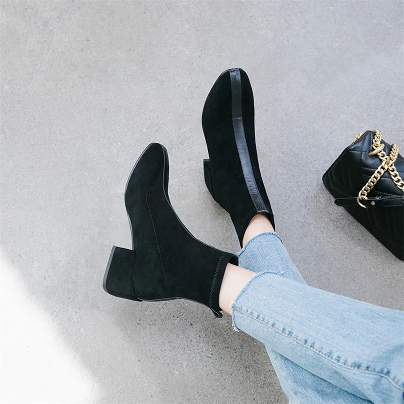 FEDONAS Top Quality Flock Women Ankle Boots Square Toe Square Heels Slip on Elegant Chelsea Boots Autumn Winter Basic Shoes