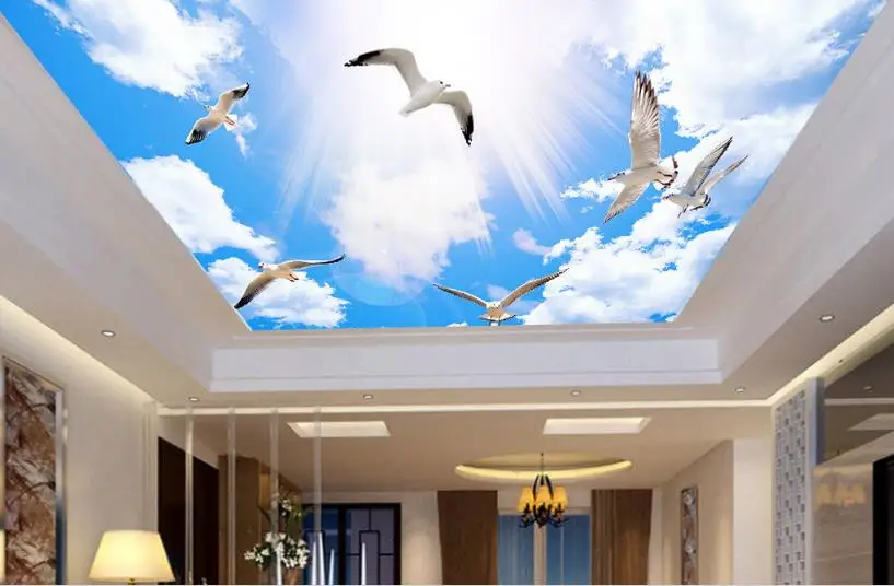 3d потолок голубое небо и белые облака обои фото Гостиная Спальня|cloud wallpaper|photo