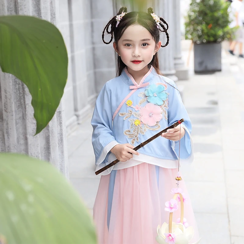 Hanfu/комплект одежды для девочек, осень года, китайский стиль, топ с цветочным принтом для маленьких девочек+ юбка, костюм из двух предметов для девочек, Детский костюм, От 3 до 10 лет