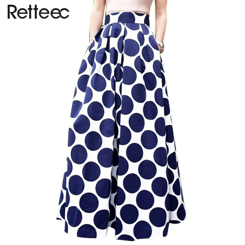 Новые 2016 Юбки Женская Мода Горошек Печати Карманы Длинные Синий Для Дамы Midi Юбка |