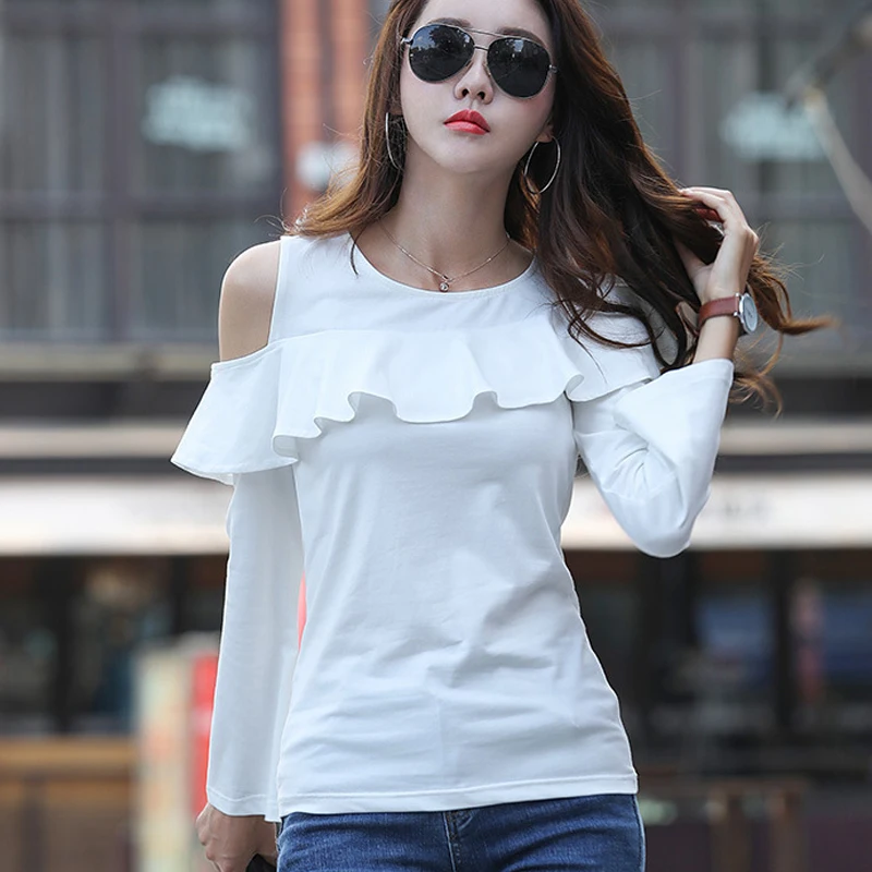 SIMPLISER Ruffled T Shirts Women Long Sleeve Asymmetrical Tee Female Irregular Tops Ladies Elegant 2018 Summer clothing white | Женская