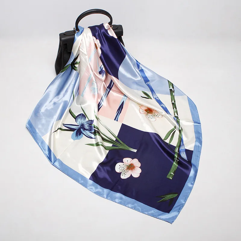 

New Design Silk Scarf Women Fashion 2019 Summer Bamboo Printed Square Scarves Female Foulard Bandana Large Head Hijab 90*90cm