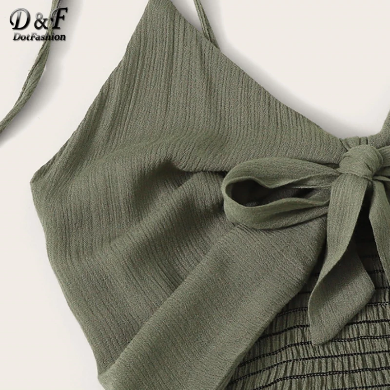 Dotfashion Solid Tie Front Shirred Back Ruffle Hem Cami Romper Women Summer Boho Sleeveless Ladies High Waist Playsuit