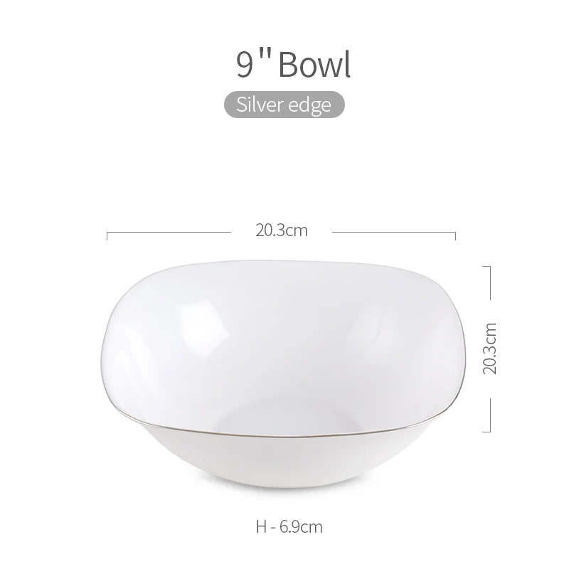 S. 9 Bowl Golden Edge Square White Opal Glass Porcelain Deep Plates Dishes Tableware Steak Salad Bowl Breakfast Dish Plate - Color: S. 9 Bowl
