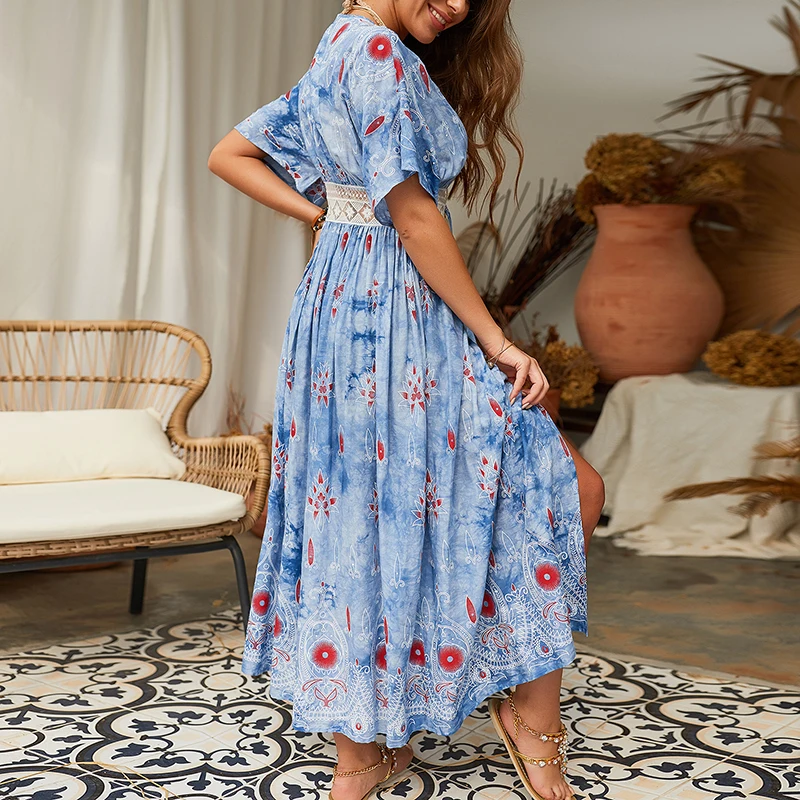 Женское летнее платье 2019 новое повседневное длинное пляжное с коротким рукавом