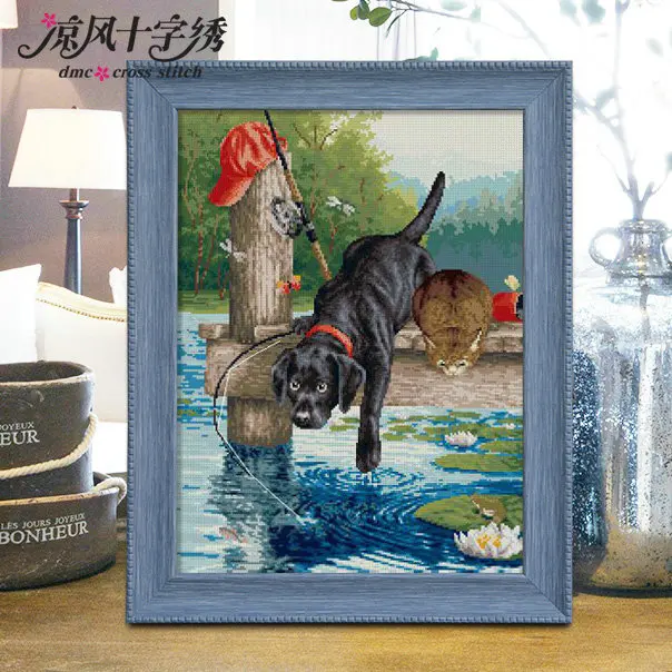 

A fishing dog and cat cross stitch kit DMC brand thread animal dog count canvas fabric embroidery handmade needlework