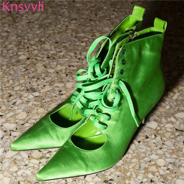 green satin Новинка; обувь для подиума с заклепками; яркие цвета; женские туфли на высоком каблуке с острым носком; пикантная обувь на тонком металлическом каблуке со шнуровкой; Sapato Feminina - Цвет: green satin