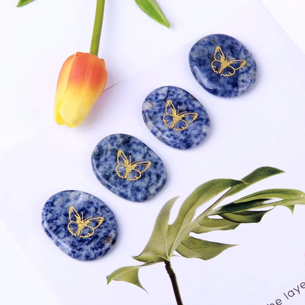 

Nartural Stone Crystal Therapy Gold Engraved Butterfly Symbols Set Powerful Palm Stones Reiki Healing Crystals