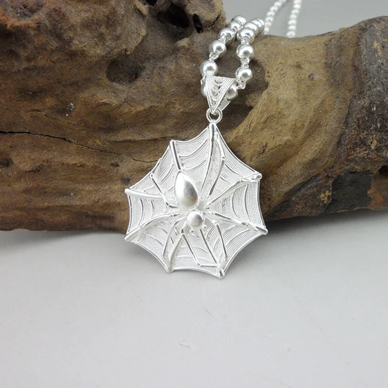 Bastiee 999 Sterling Silver Pendant Spider Web Steampunk Chakra Necklace Chinese Miao Silver Charms Spider Halloween Jewelry