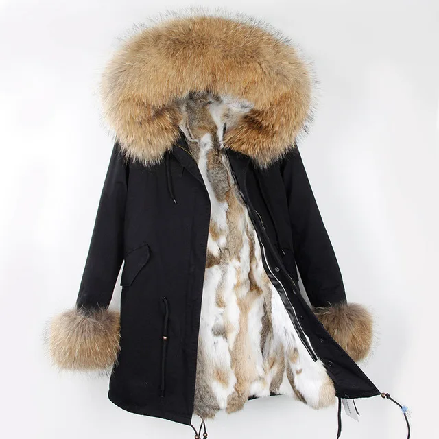 long OFTBUY, новинка, парка, натуральный мех, пальто, зимняя куртка для женщин, натуральный мех енота, воротник, теплый, толстый, мех кролика, подкладка, парки, отстегивающиеся - Цвет: long