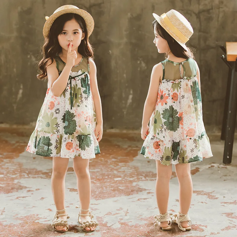 Girls Dress 2018 Summer Baby Clothes Lace Flower Print Princess Kid 4-9T green | Детская одежда и обувь