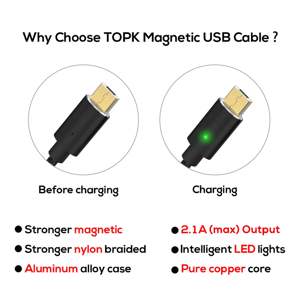 TOPK F мини светодио дный Магнитный кабель Нейлон Плетеный Магнит Micro usb для зарядки