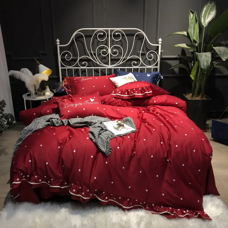 Red with white spots egyptian cotton luxury Bedding Set queen king size bed set Bedsheets linen Europe embroidery Duvet cover | Дом и сад