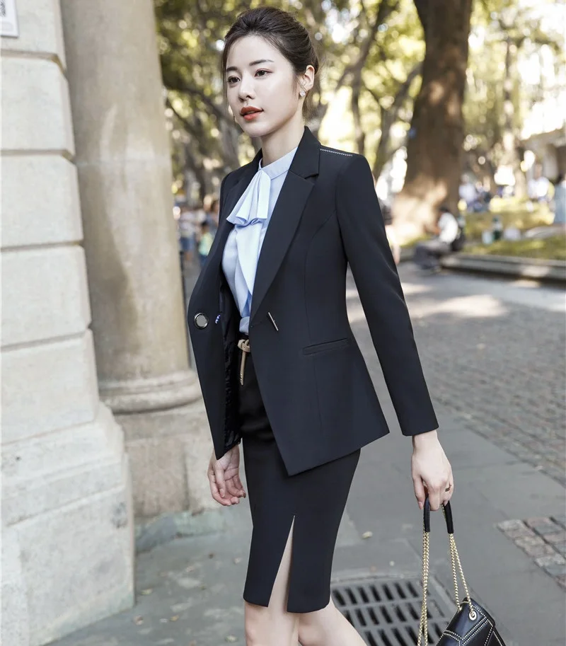 Модные Официальные Женские деловые костюмы с блейзером и юбкой осень зима
