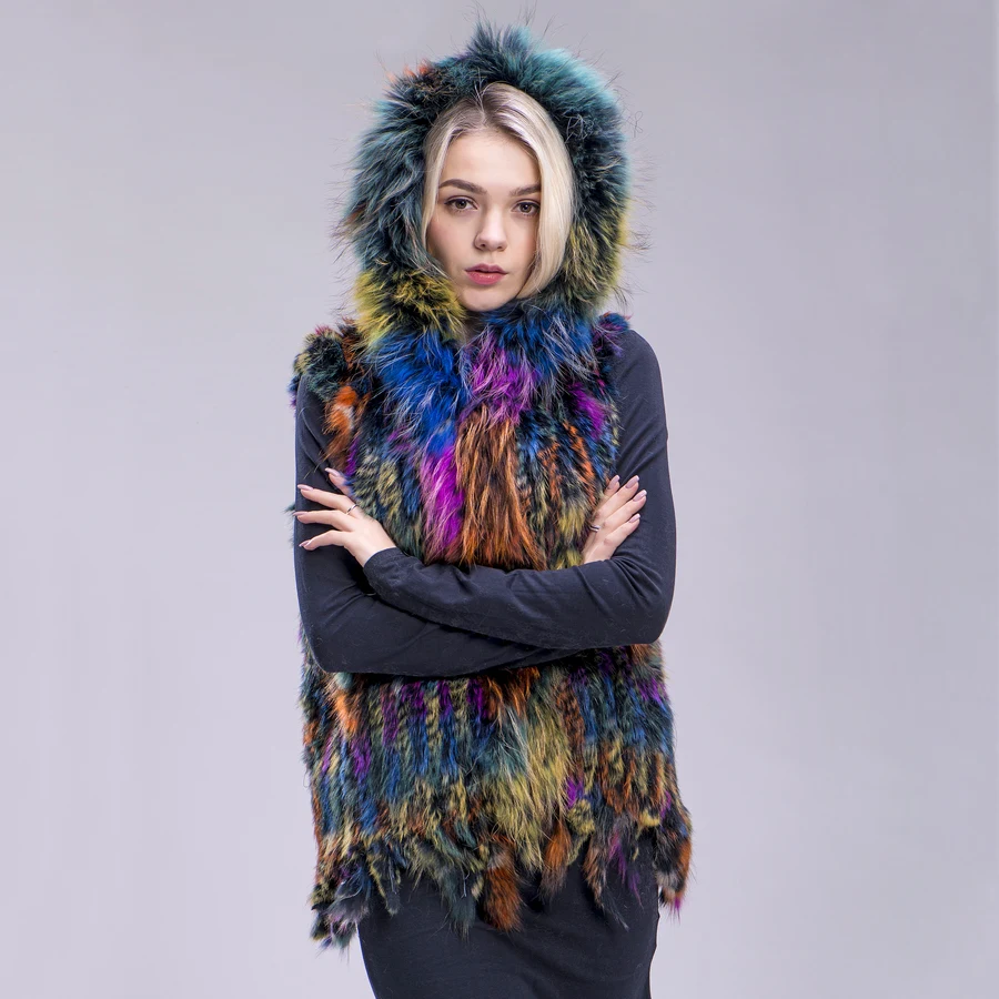 Женский жилет с капюшоном ZDFURS * вязаный из натурального кроличьего меха и енота